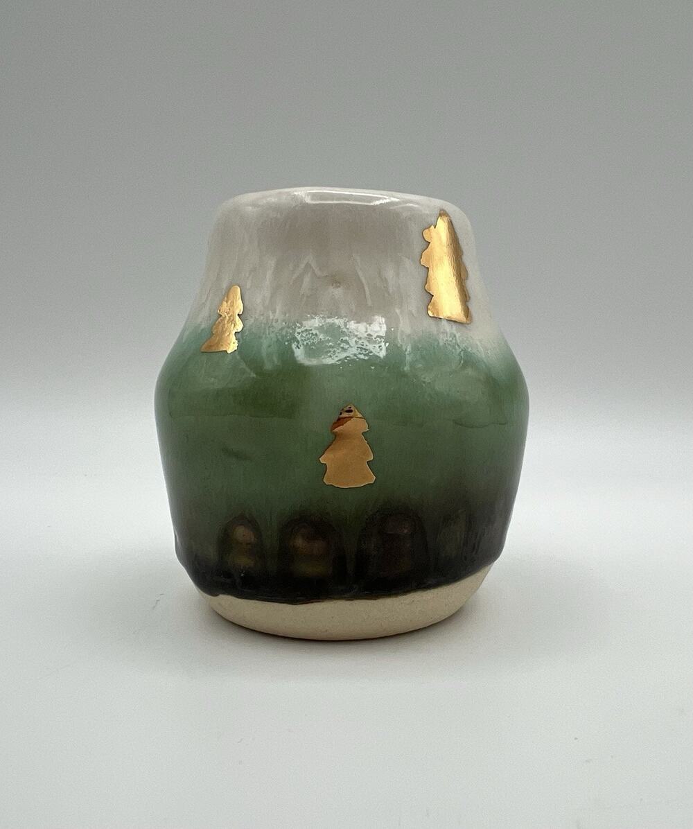 Studio Art Pottery Drip Glazed Bud Vase 3.5” Green & White w Gold Trees Signed